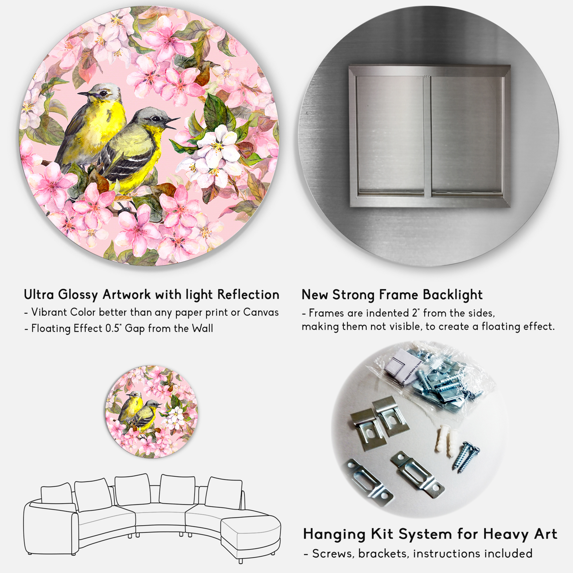 Designart 'Birds On Pink Cherry Sakura and Apple Flowers I' Traditional Circle Metal Wall Art 36x36 - Disc of 36