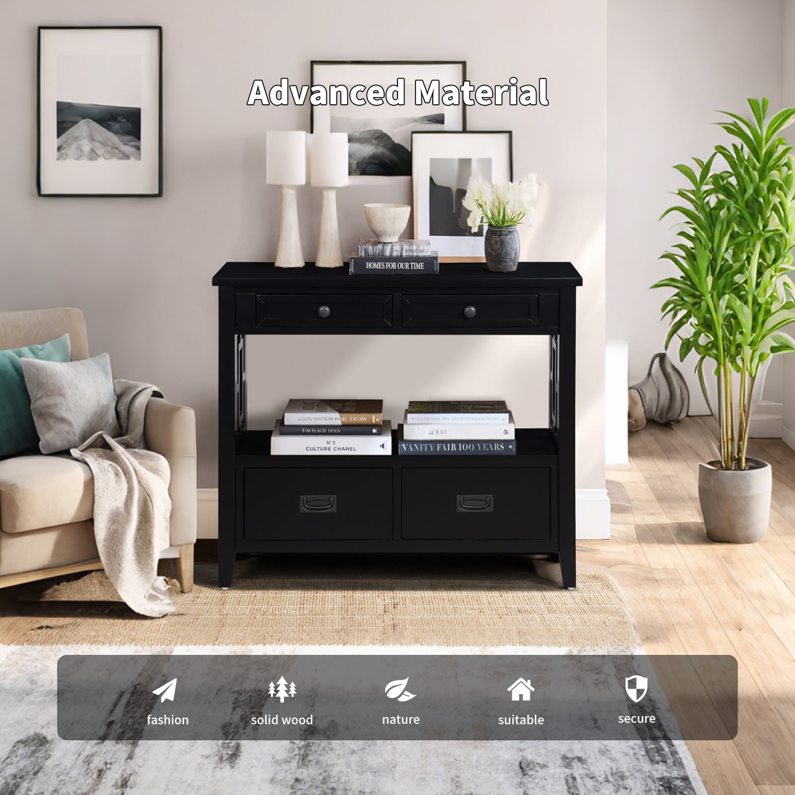 36'' Farmhouse Console Table,Pine Wood Entryway Table with 4 Drawers & 1 Storage Shelf for Entryway Living Room Hallway Kitchen (Black)