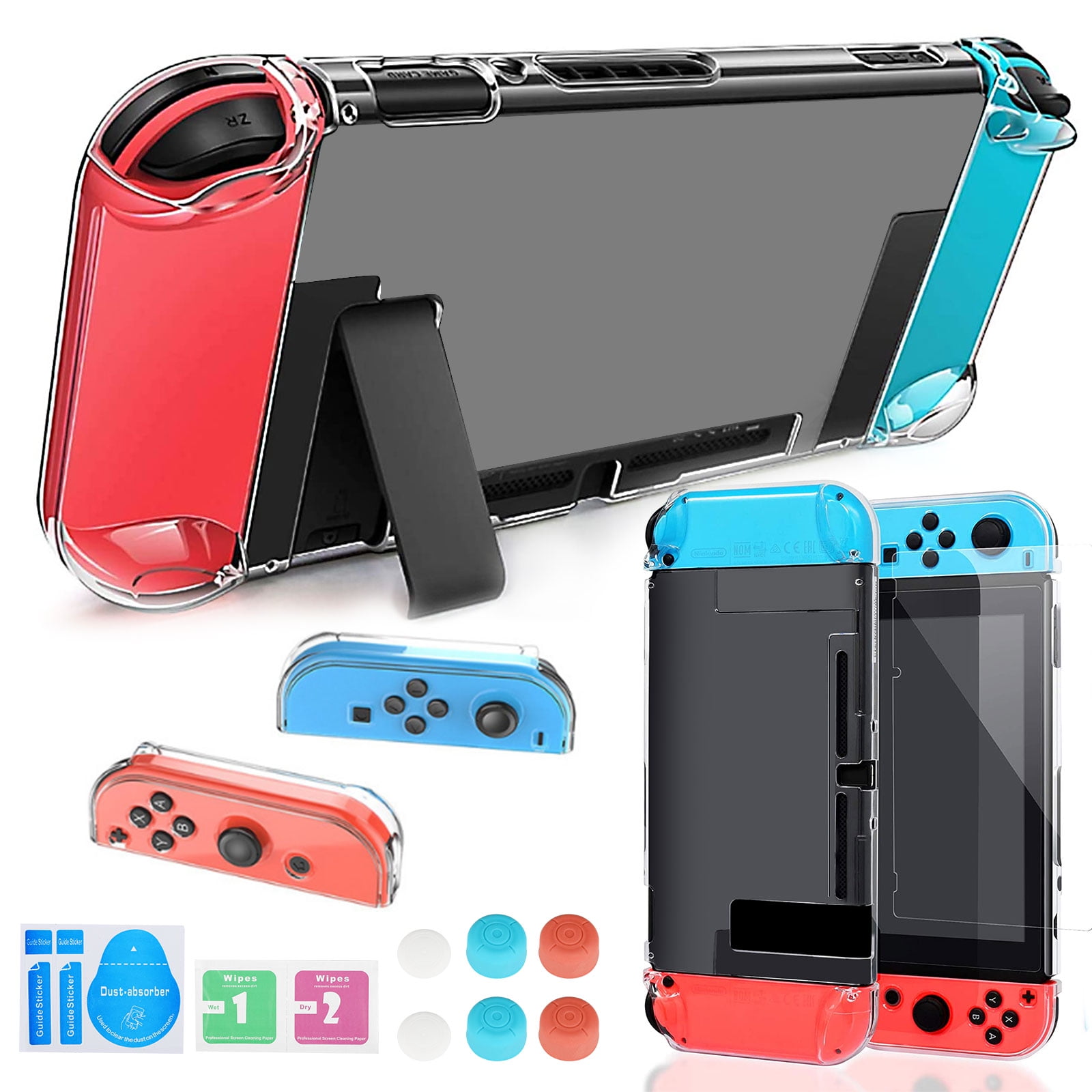 TSV Protective Cover Case Fit for Nintendo Switch, Dockable Clear Case with HD Tempered Glass Screen Protector, 6 Thumb Caps