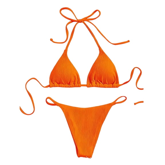 Dresfit Halter Two Piece Bikini Set for Women - Solid Color with Chest Pads & No Underwire Saffron S