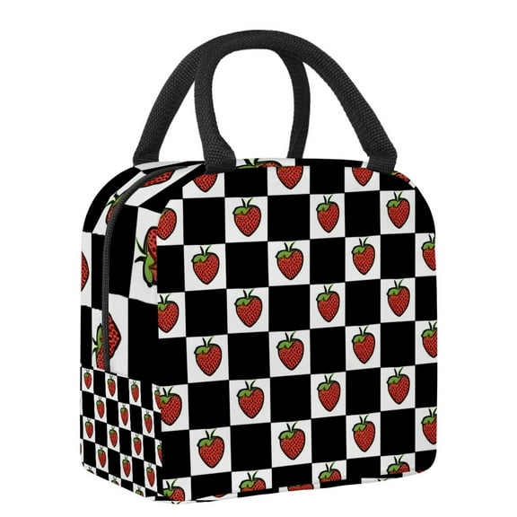 ERJLKXP Black and White Grid Strawberry Insulated Lunch Bags for Women and Men,Adult Reusable Lunch Tote Bag for Work,cooler bag