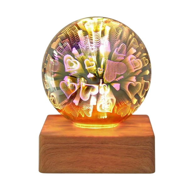 Lámpara de mesa con luz nocturna de cristal LED 3D, alimentada por USB, con base de madera, 9 cm corazón