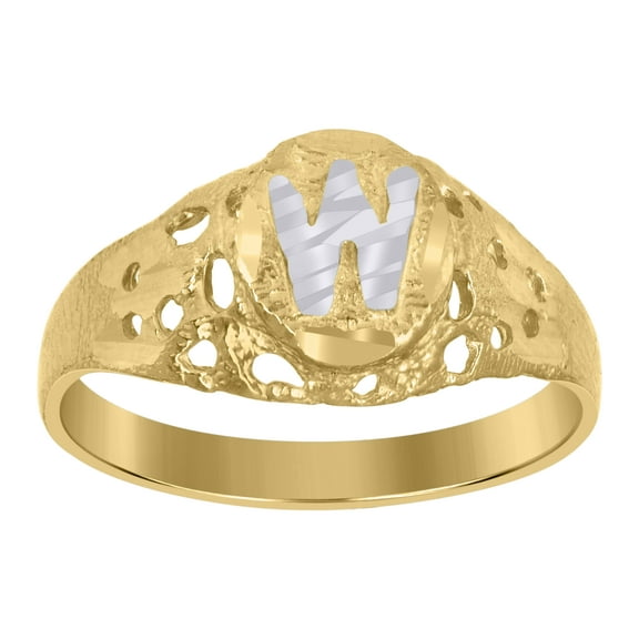 10kt 10k Two-Tone Gold Mens Diamond-Cut Textured Oval Initial Letter W Band Ring