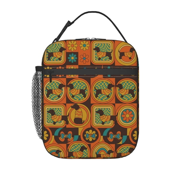 Dachshund Dog Lunch Bag Sausage Dog Print Handheld Portable Reusable Cooler Tote Front Pocket Work Office Commute Daily Food Container