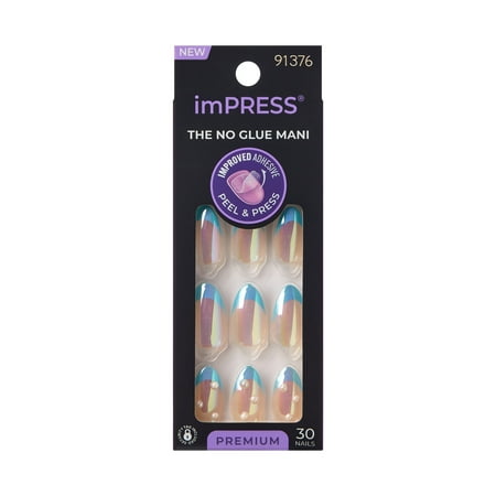 Impress Premium Press On Nails, No Glue Needed, Blue French Tip, Medium Almond, 30 Ct.