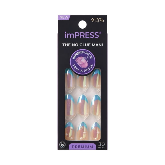 Kiss Impress Premium Medium Almond Press On Nails, Blue French Tip, 30 Pieces