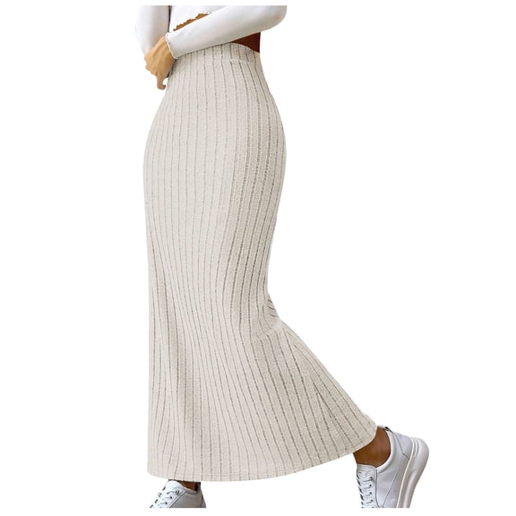 JNGSA Women's Spring High Waist Slit Hem Rib Knit Midi Bodycon Skirt Solid Color Maxi Skirt