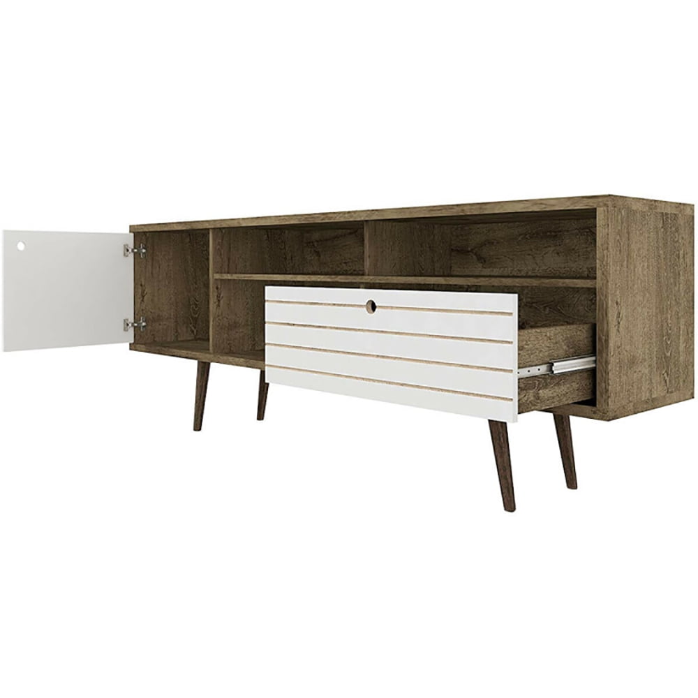 Finihen TV Stand, TV Cabinet, Mid-Century Modern TV Stand for TVs up to 65 Inch, Media Entertainment Center with Storage, for Living Room, Bedroom, Walnut & White