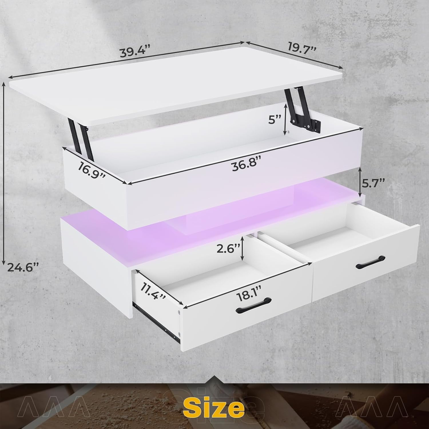40" Lift Top Coffee Table with Storage, Modern Coffee Table with LED Lights and 2 Drawers, Small Coffee Table for Living Room, Dining Reception Room, White