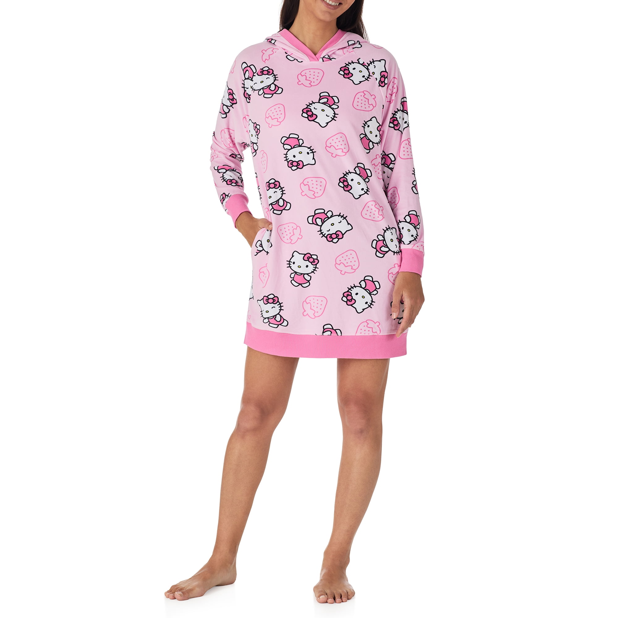 Richard Leeds International Womens Hello Kitty Hooded Pajama Lounger Sleep & Lounge Dress - Super Soft Plushy Cozy & Warm Hoodie Loungewear Pajamas Dresses for Women, Pink Large