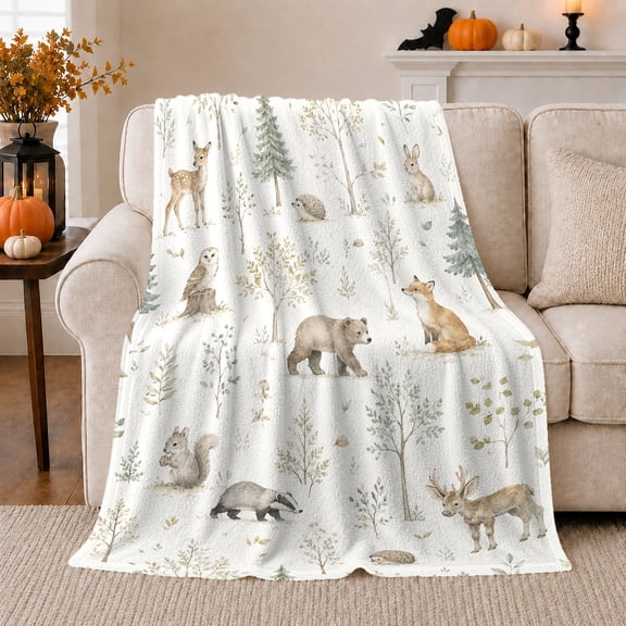 Woodland Animals Forest Scene Rustic Autumn Country, Peaceful Bird Art Scene, Warm Flannel Blanket for Living Room and Reading Nook, Bird Lovers Thanksgiving Gift, Artistic Home Decor