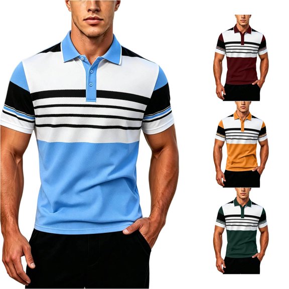 JAJAHO Mens Polo Shirts Short Sleeve Color Block Striped Regular Fit Summer Moisture Wicking Golf Shirts Soft Tops