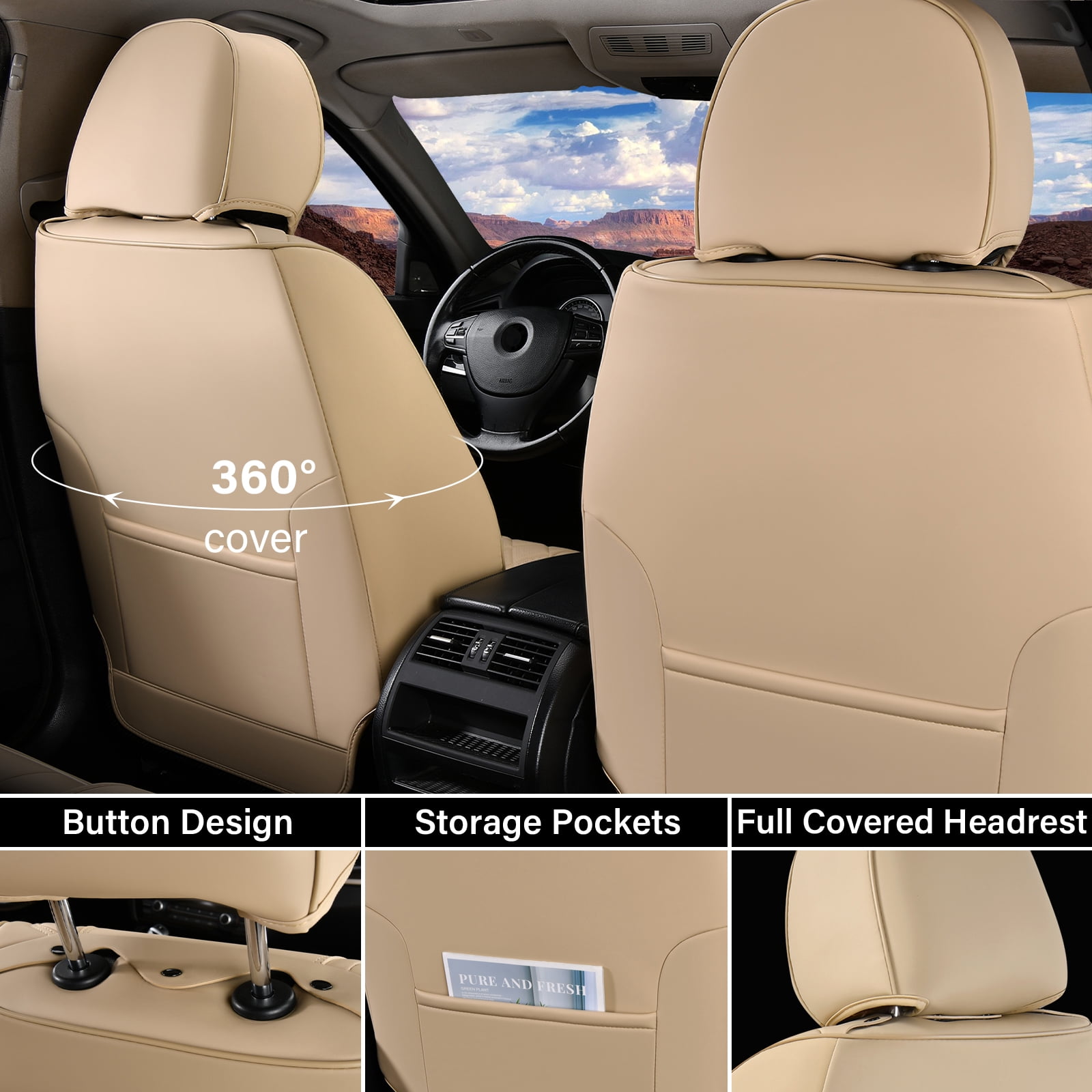 Coverado Car Seat Covers Full Set, Beige Front and Rear Seat Protectors, Waterproof Faux Leather Universal Fit for Most Cars