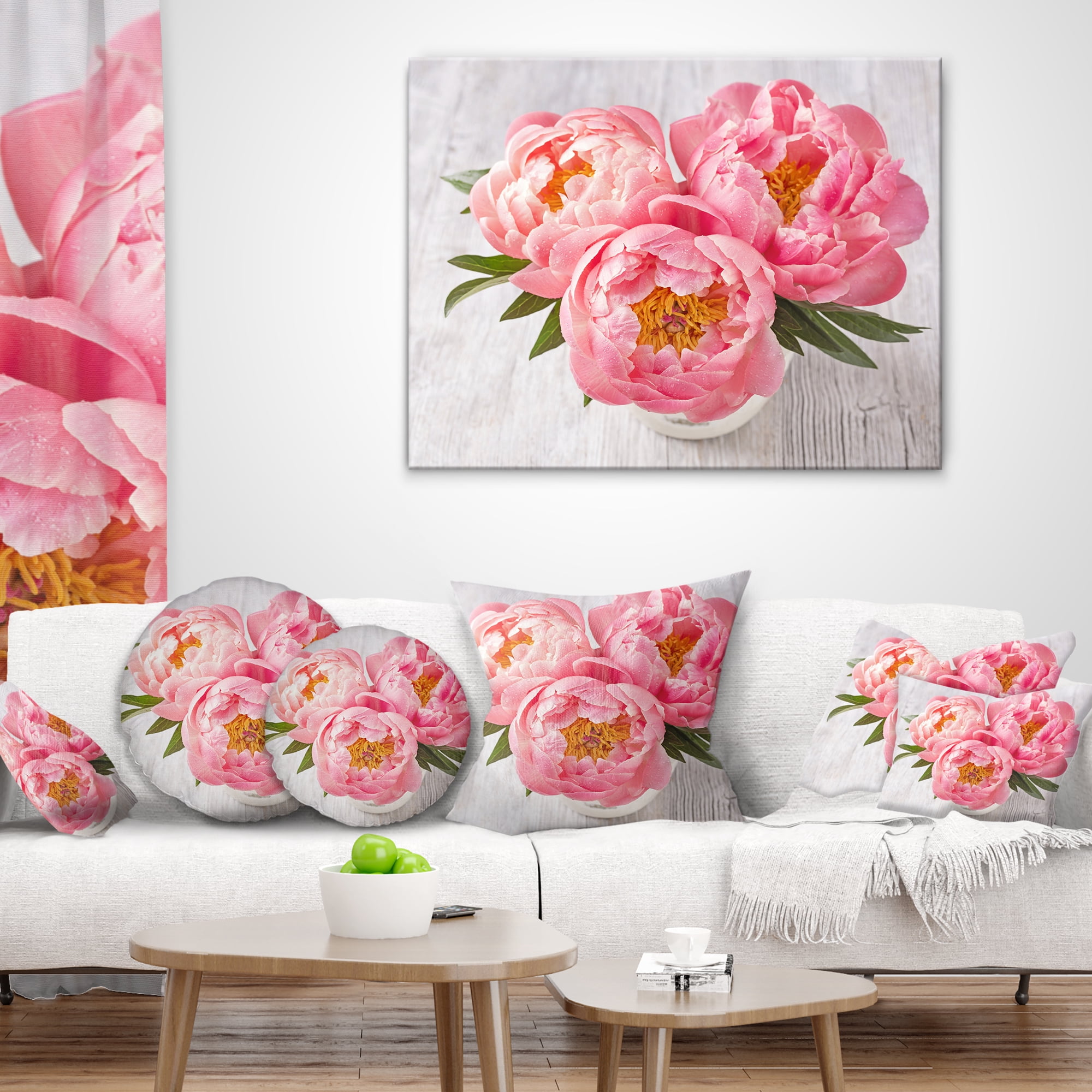 Designart Peony Flowers on White Floor - Floral Throw Pillow - 12x20