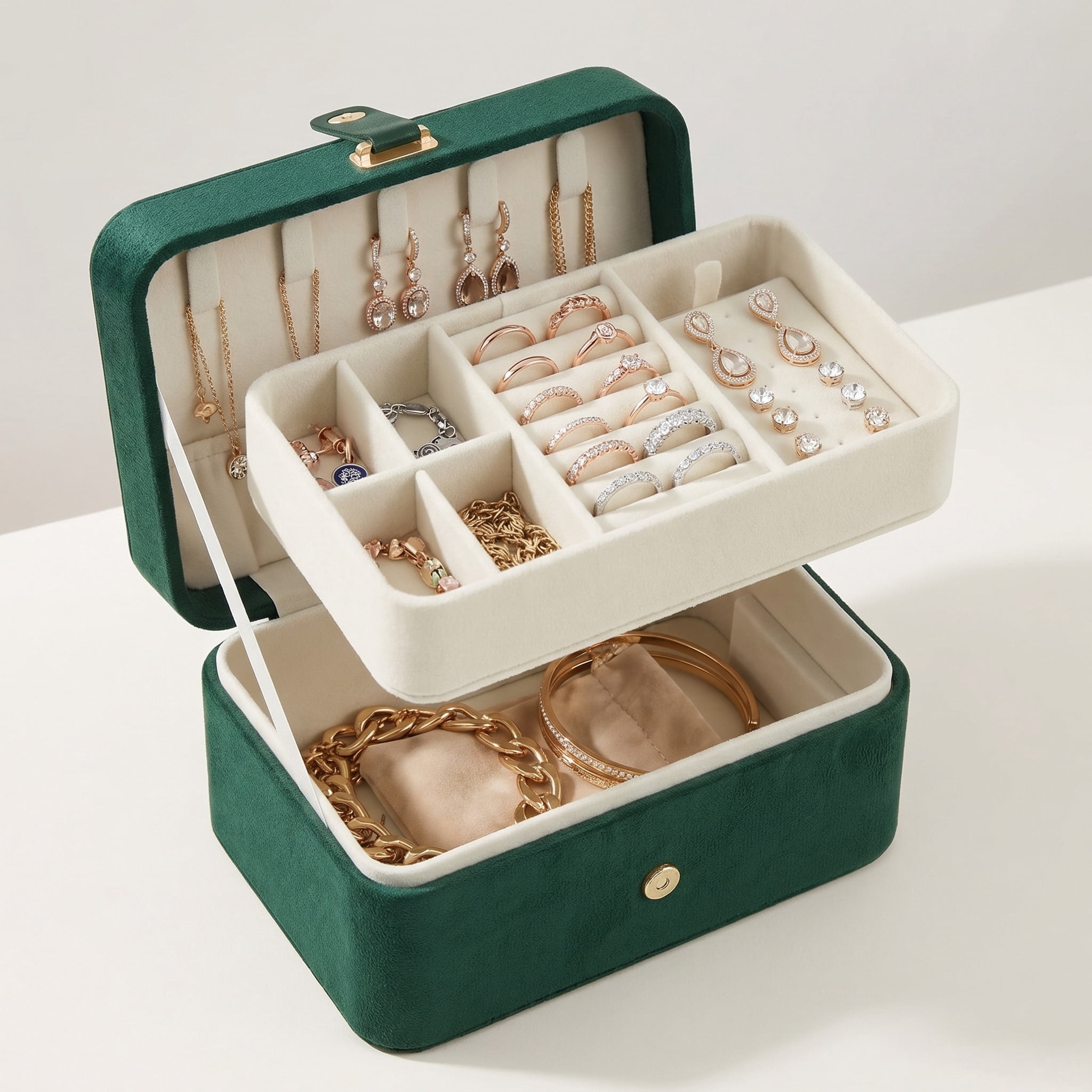 Nordic Hygge 2-Layer Portable Travel Jewelry Case, Retro Green Luxe Organizer