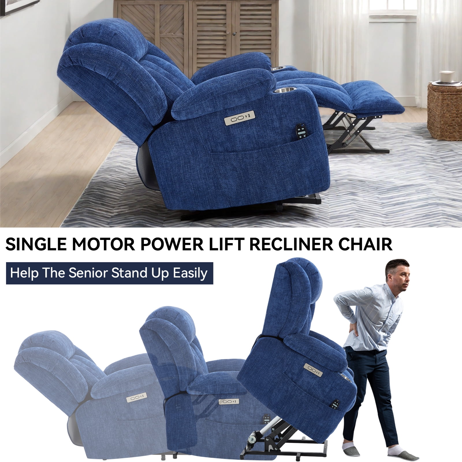 Power Lift Recliner Chair with Heat and Massage, 8-Point Vibration & Lumbar Heat, 350LB Capacity, Infinite Position, USB Charger, Side Pockets, Soft Fabric for Elderly, Dark Blue