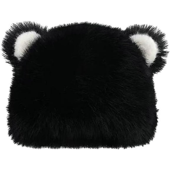Fuzzy Bear Ear Beanie for Women Faux Fur Animal Ear Flap Hat Cute Kawaii Winter Knit Bucket Cap Ear Novelty Laides Gift