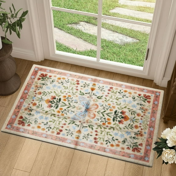 Socomw 2'x3' Entryway Rug, Washable Door Mat with Rubber Backing Vintage Orange Print Non-Slip Soft Low Pile Carpet for Front Door, Entryway, Bathroom