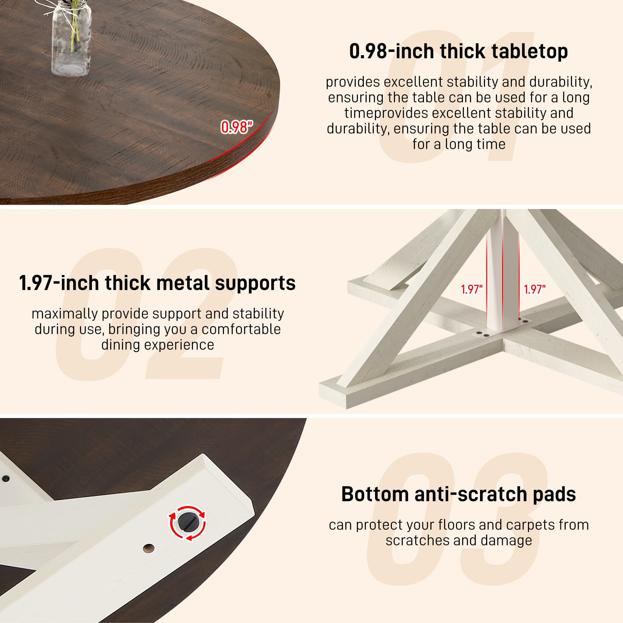 47" Round Dining Table for 4 to 6 People, Modern Farmhouse Kitchen Table with Thickened Waterproof Top, Sturdy X-Base Pedestal Table for Small Spaces, Dining Room, Rustic White