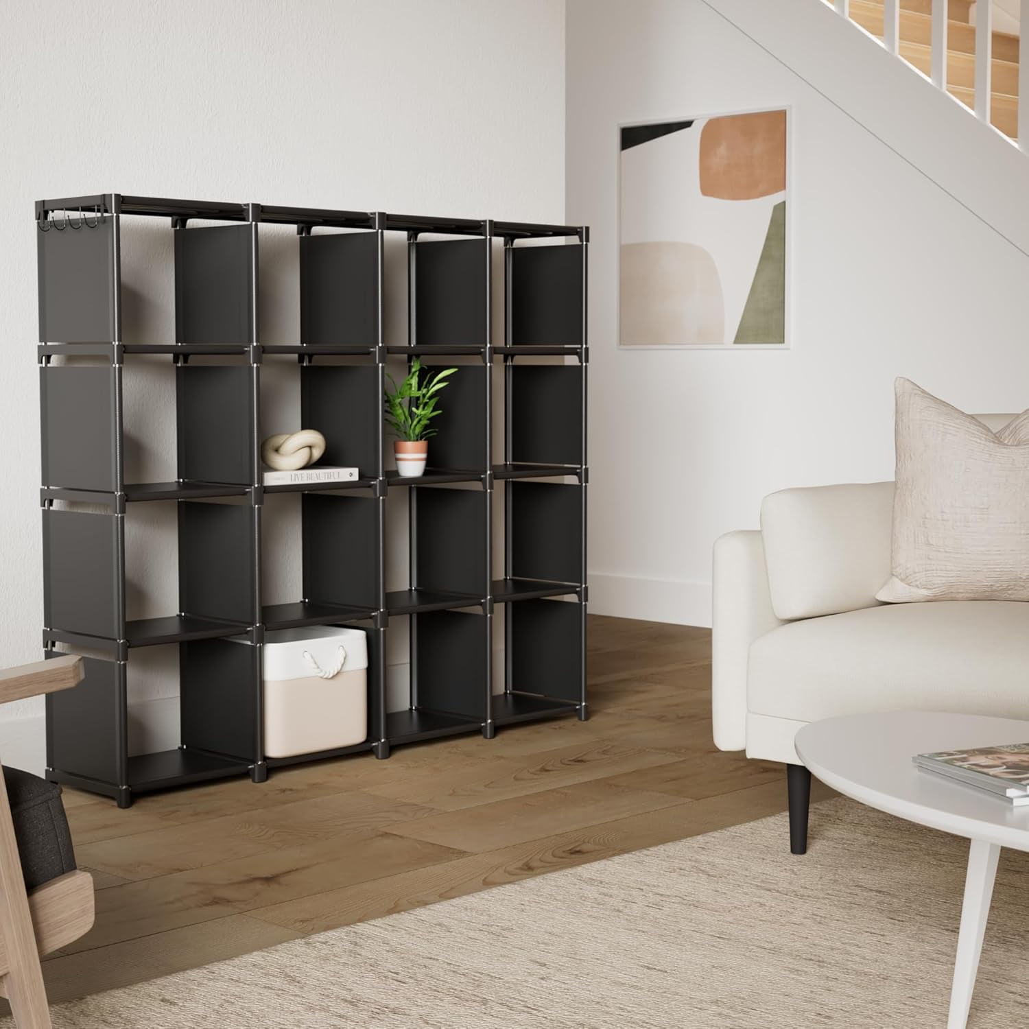 16 Cubes Ladder Bookcase Storage Rack, Bookshelf Bookcase Clothes Toys Storage Organizer Adjustable Standing Shelving Rack for Office Home Bedroom, Black