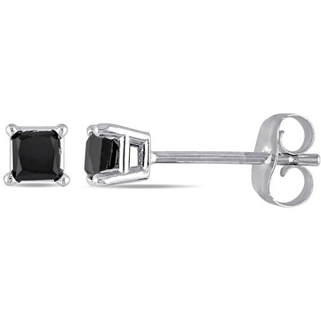 10kt White Gold 1 Carat Princess Cut Black Diamond Solitaire Stud Earrings (4mm)