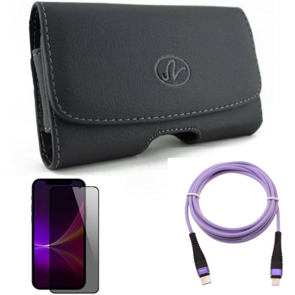 Purple 10ft PD Cable & Privacy Screen Protector & Case Belt Clip for iPhone 13 Pro Max ONLY - USB-C Extra Long Cord Fast Charger   Tempered Glass Curved Anti-Spy   Leather Swivel Holster Combo