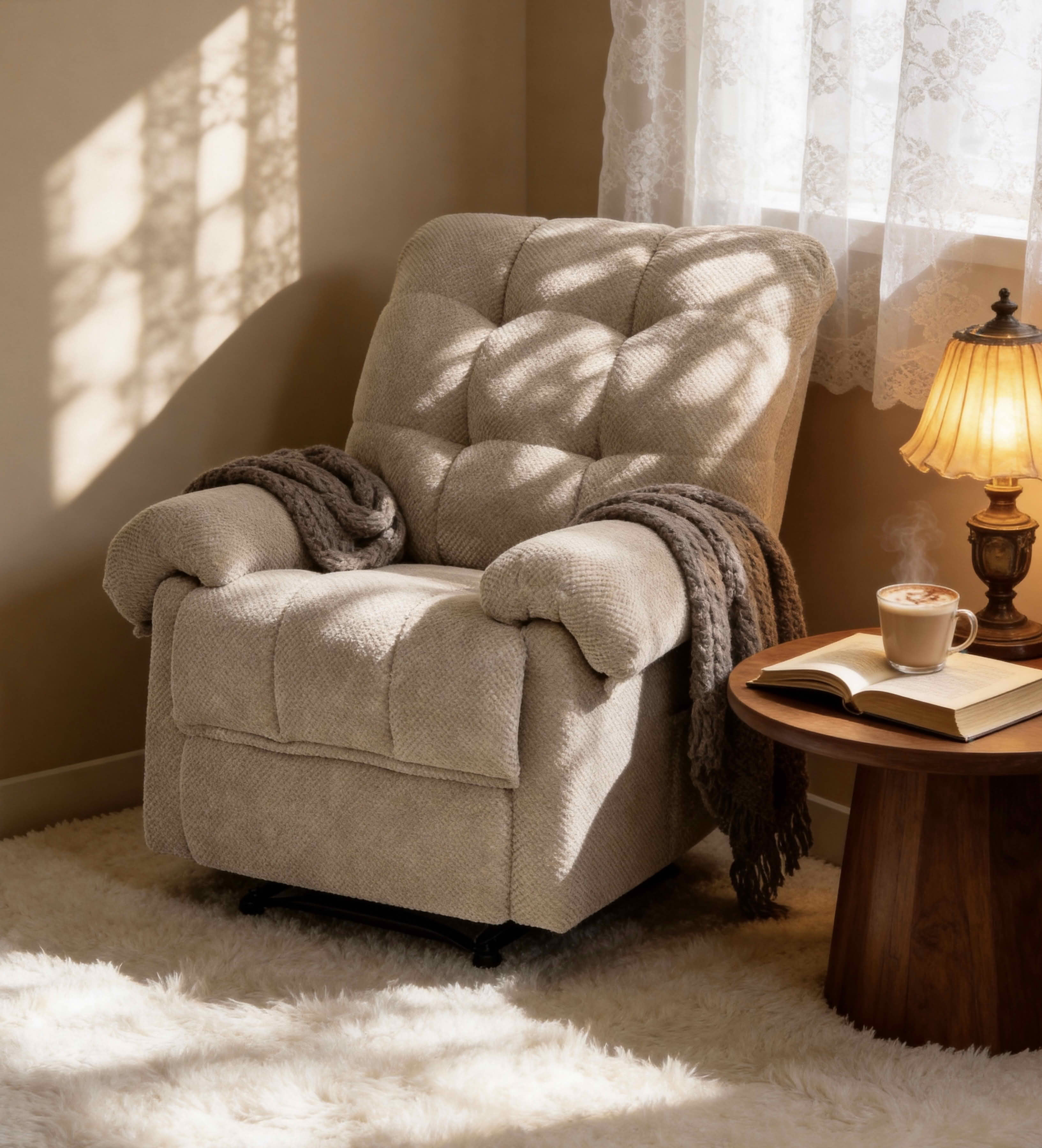 MAYEERTY 39 In Manual Recliner, Overstuffed Fabric Armchair, 160 Degree Recline, Camel, 300 lb
