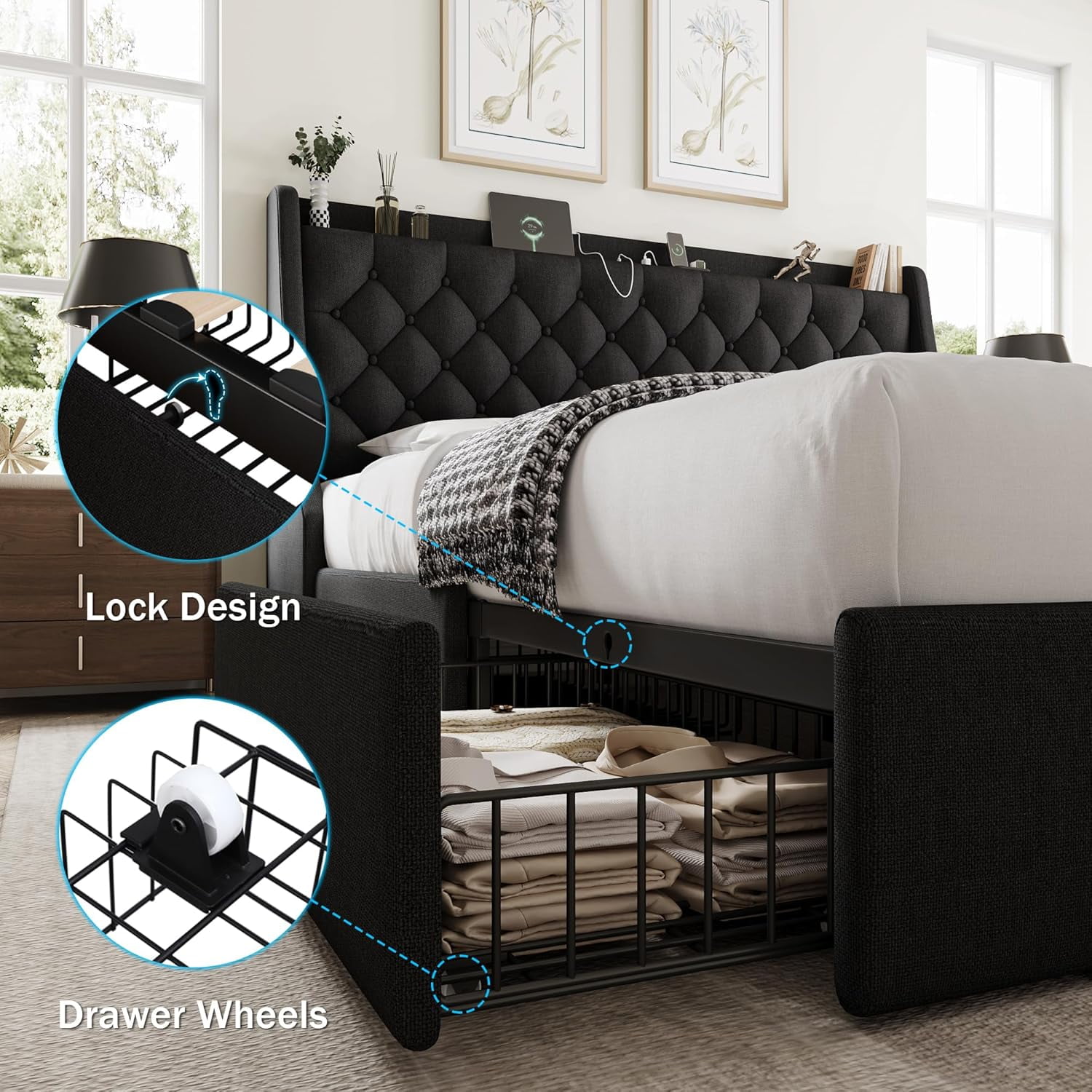 Galnfu King Size Bed Frame with 4 Storage Drawers, Giant Upholstered Wingback Headboard, Fast Charging Station, No Box Spring Needed, Noise-Free,Black