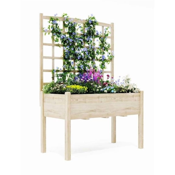 Lumiparty Raised Garden Bed with Trellis, Elevated Wood Planter Box with Legs & Liner, Standing Planter for Climbing Plants, Flowers, Vegetables & Herbs, Backyard, Patio & Balcony