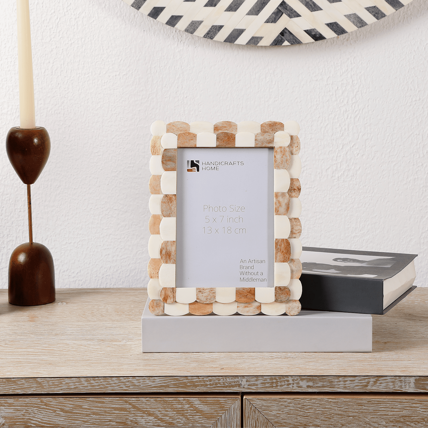 Handicrafts Home 5x7 Brown Picture Frame, Handmade Scallop pattern Bone inlay Photo Frame for Wall & Tabletop, Boho Farmhouse Vintage Home Decor, Gallery Wall Decor, Family Picture Frame Fall decor