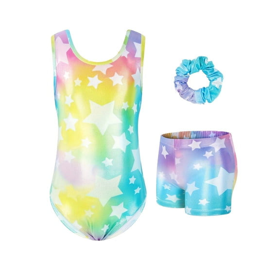 Girls Gymnastics Leotard Gradient Color Rainbow 3-Piece Set with Shorts & Hair Scrunchie