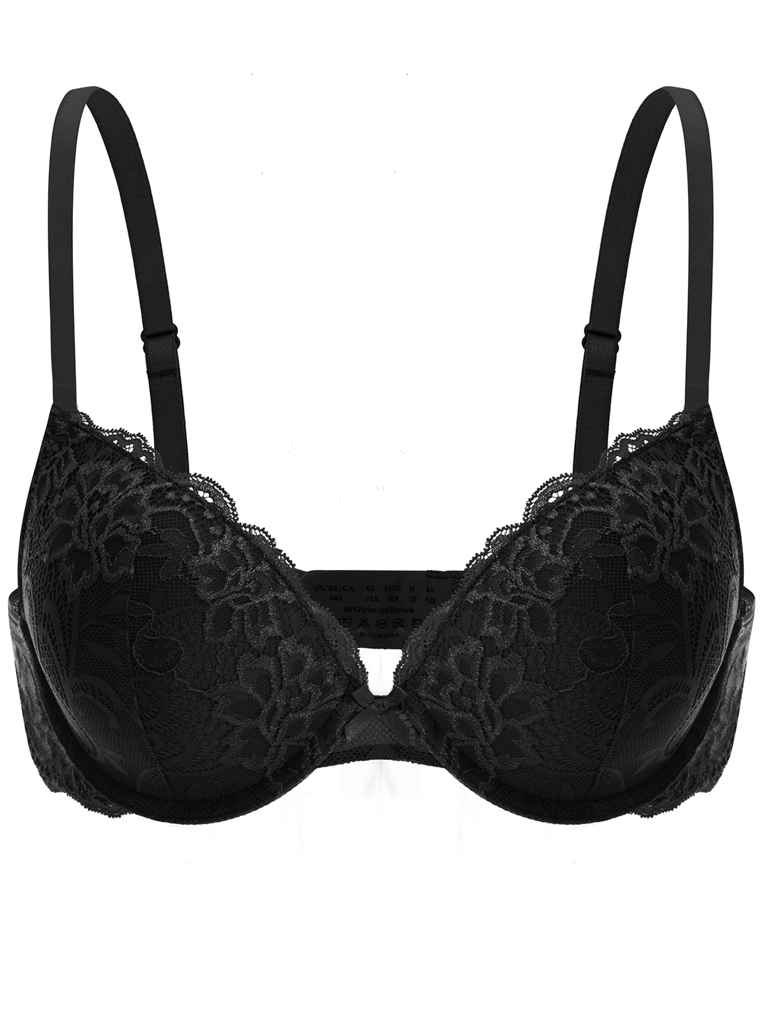 Deyllo Women's Lace Push Up Padded Plunge Add Cups Underwire Lift Up Bra,Black 38C