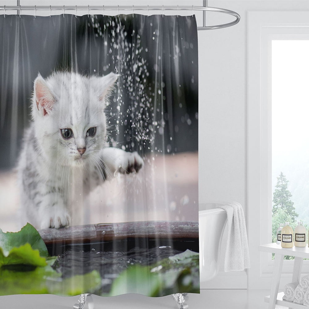 Cute Cat Shower Curtain Fabric Bathroom Decor with 12 Hooks Waterproof  71"x71" 