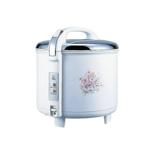 Tiger Made in Japan 15-cup capacity rice cooker and warmer model JCC-2700 with white body, floral pattern, and side control panel.