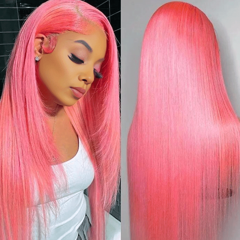 Rose Pink Colored 13x4 Lace Front Wig Straight Brazilian Remy Human Hair Wigs Preplucked Natural Hairline High Density Elegant Hairstyle For Women Daily&Birthday&Wedding Use Wig 180 Density 18 Inch