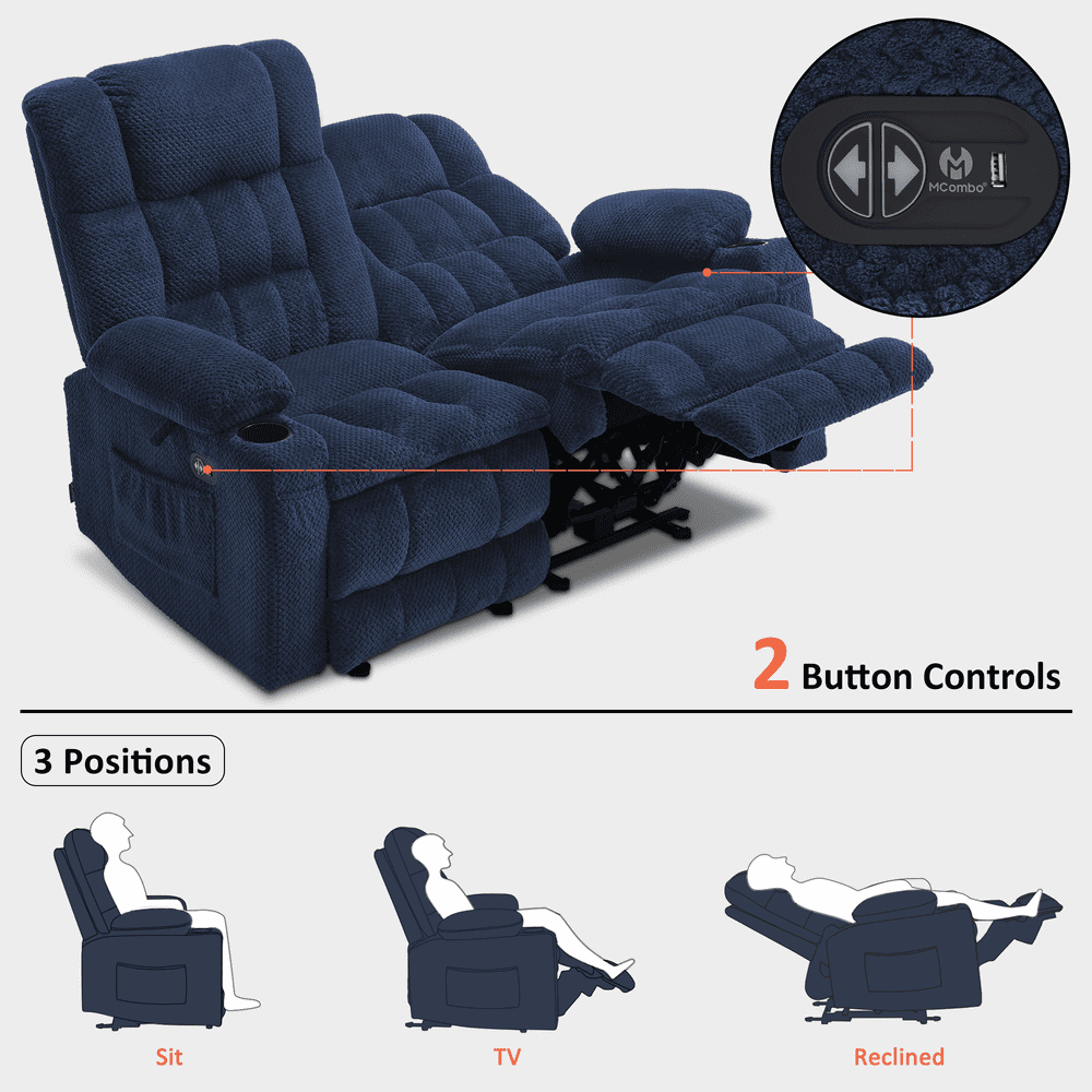 MCombo 57" Power Loveseat Recliner Sofa, Reclining Seating with Heat Vibration for Living Room, Fabric, Navy blue