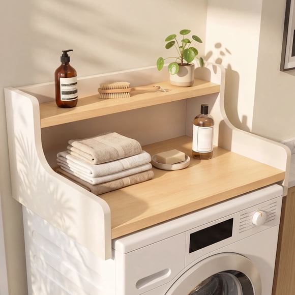 OMCMUU Comptoir de Laveuse et Sécheuse de 25,2 Pouces, Organisateur de Lessive Haute Densité de 27,6 Pouces de Large pour Unités à Chargement Frontal, Table Pliante Imperméable (Blanc Naturel)