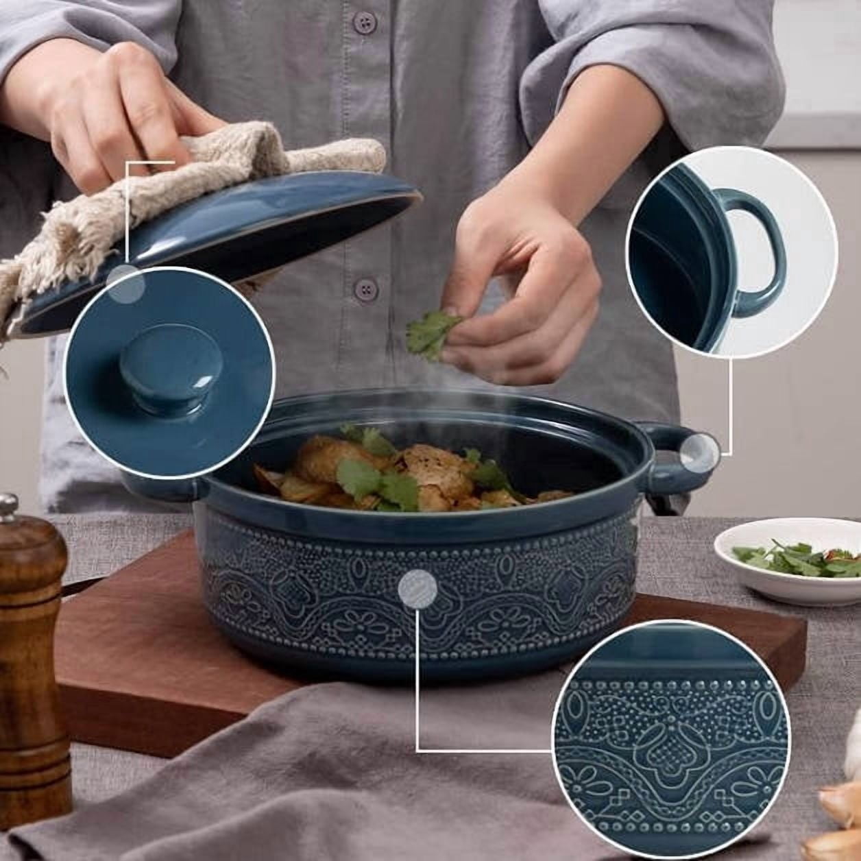 Lace Emboss Casserole Dish with Lid, 2 Quart Oven to Table Ceramic Round Serving Dish with Handles for Dinner and Party, Thanksgiving Christmas Gifts(Grayish Blue)