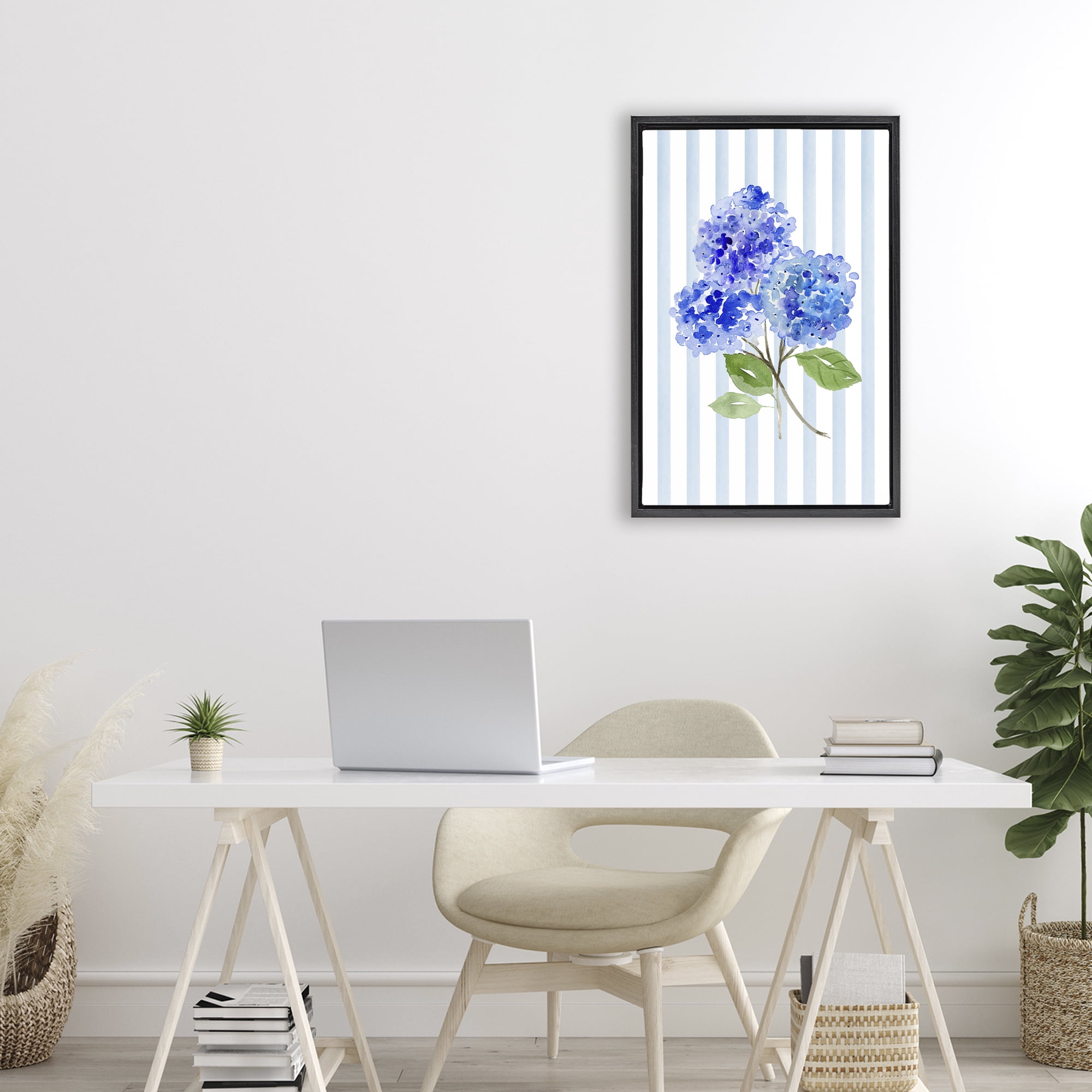 Stupell Industries Blue Hydrangeas over Stripes Black Framed Floater Canvas Wall Art, design by Corinne Haig