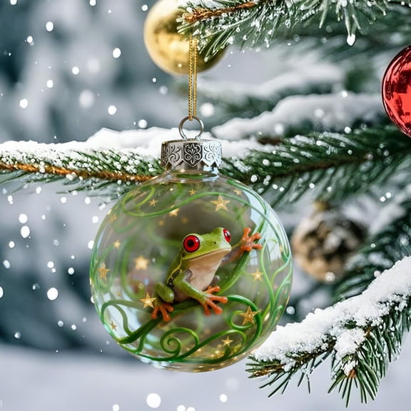 DAMAI Frog Christmas Ornament Set, 2D Magical Hanging Clear Plastic Xmas Ball, Vivid Santa Frog & Crystal Ball Ornaments for Tree, Indoor/Outdoor Holiday Decor, Perfect Festive Gift & Keepsake
