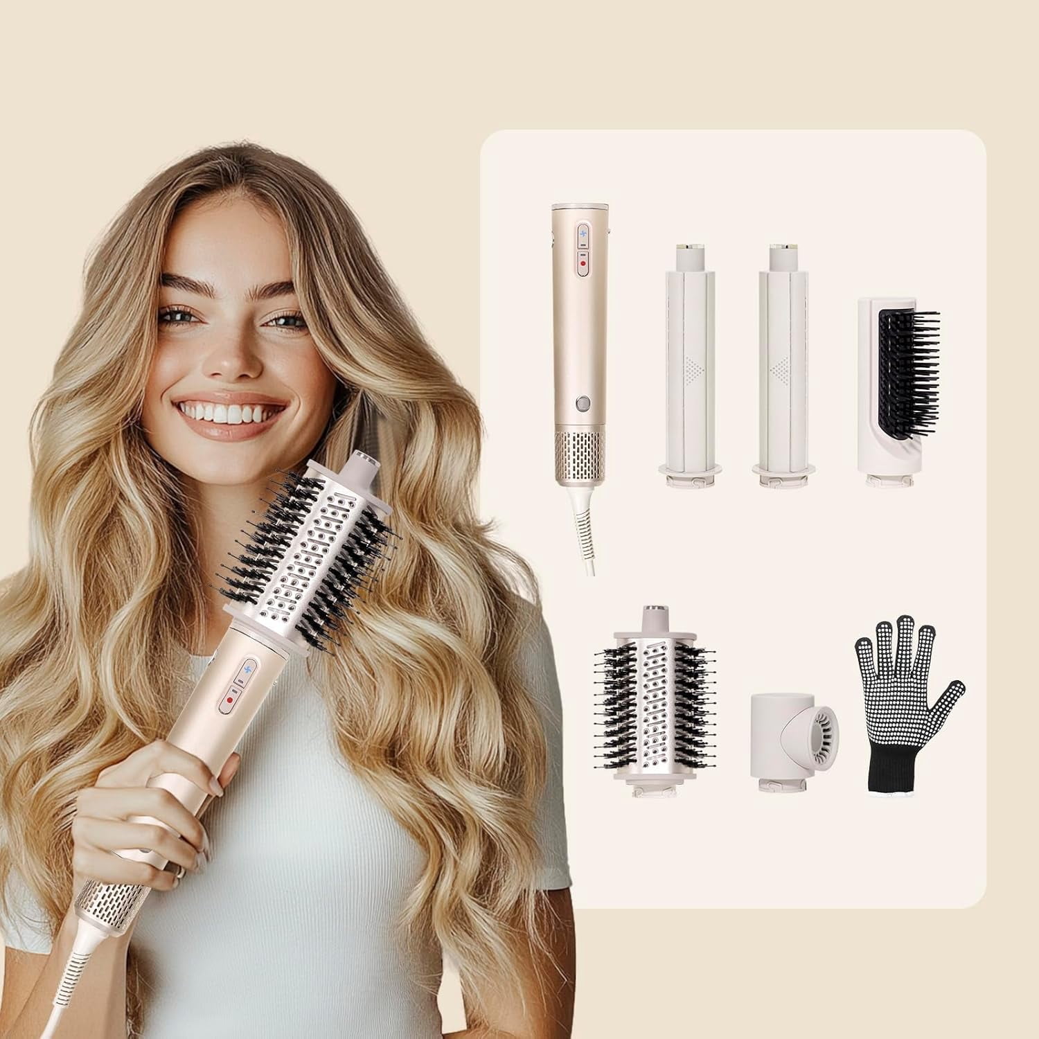 5 in Multifunctional Styling Hair Dryer Brush, 11000RPM Motor with Negative ion tech. Includes auto Curler, Paddle Brush, Oval Brush, Concentrator Nozzle, and Heat-Resistant Glove