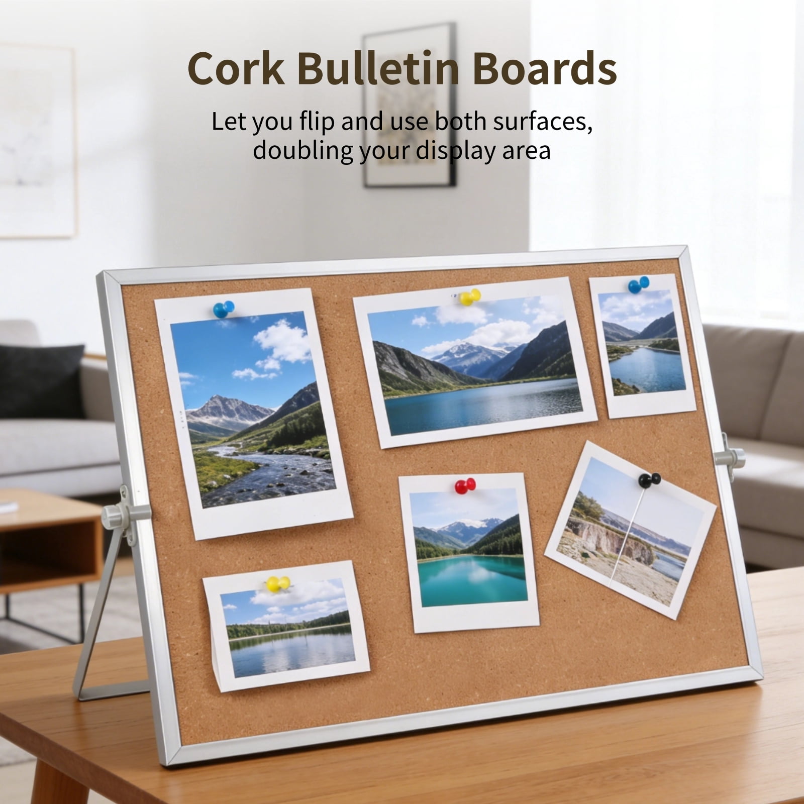 2 Pcs Cork Board, Desk Cork Bulletin Board for Home Office, Double-Sided Aluminum Hanging Bulletin Board Set, Includes 28 Push Pins, 15.75 x 11.81 in