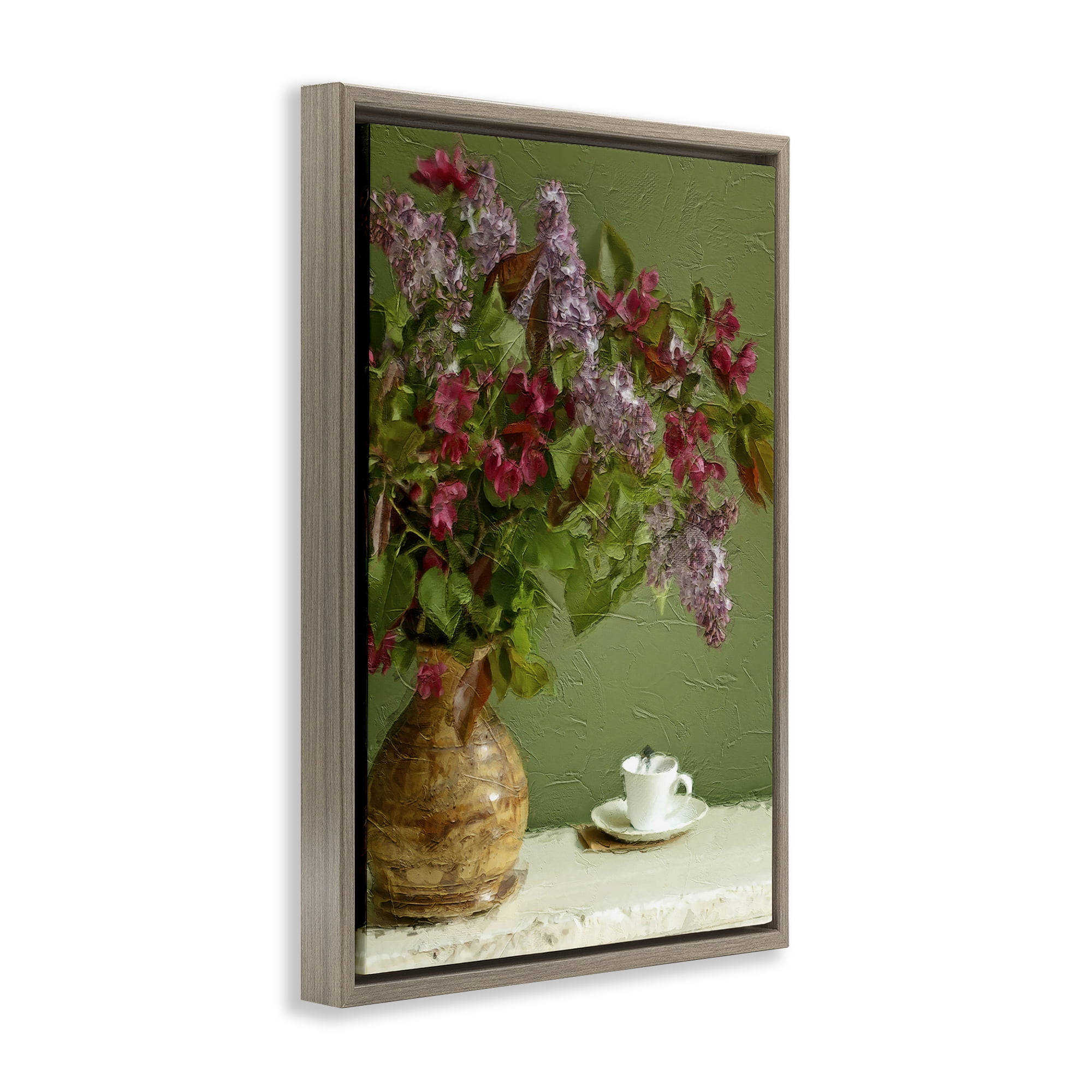 Stupell Industries Flowers & Teacup Botanical & Floral Painting Brown Floater Framed Art Print Wall Art, 17 x 25