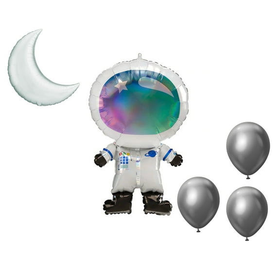 LOONBALLOON Space, Alien, Rocket Theme Balloon Set, 30 inch IRIDESCENT ASTRONAUT, Moon Foil and 3x latex balllons