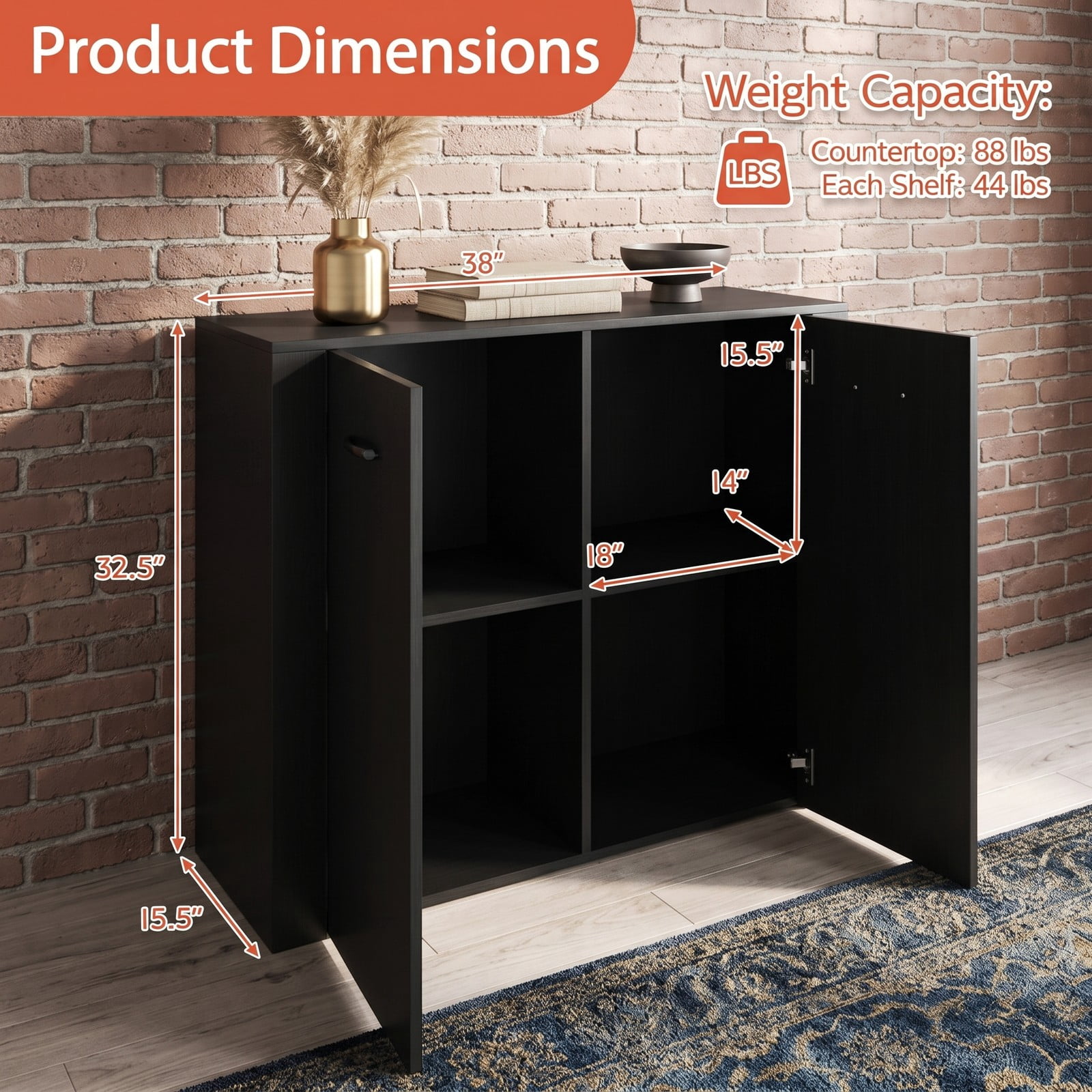 Furnibear 38 Inch Modern Buffet Sideboard Cabinet with Storage, Free Standing Kitchen Credenza Console Table with Cube Shelves for Living Room Dining Room, Black