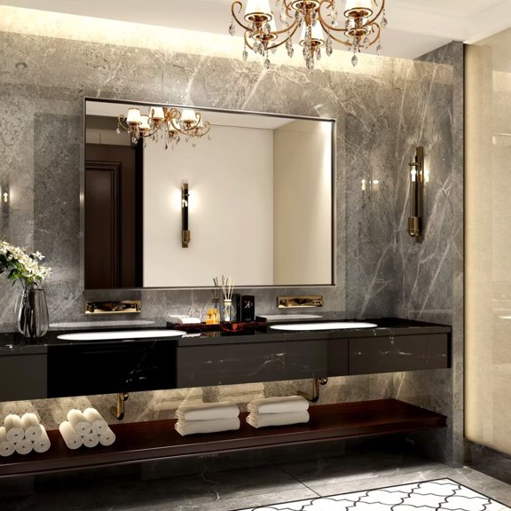 36x24 Inch Metal Silver Frame Mirror for Bathroom, Brushed Rectangular Corner Vanity, Lightweight Deep Set Design Large Wall Mirrors Decorative, Hangs Horizontal & Vertical