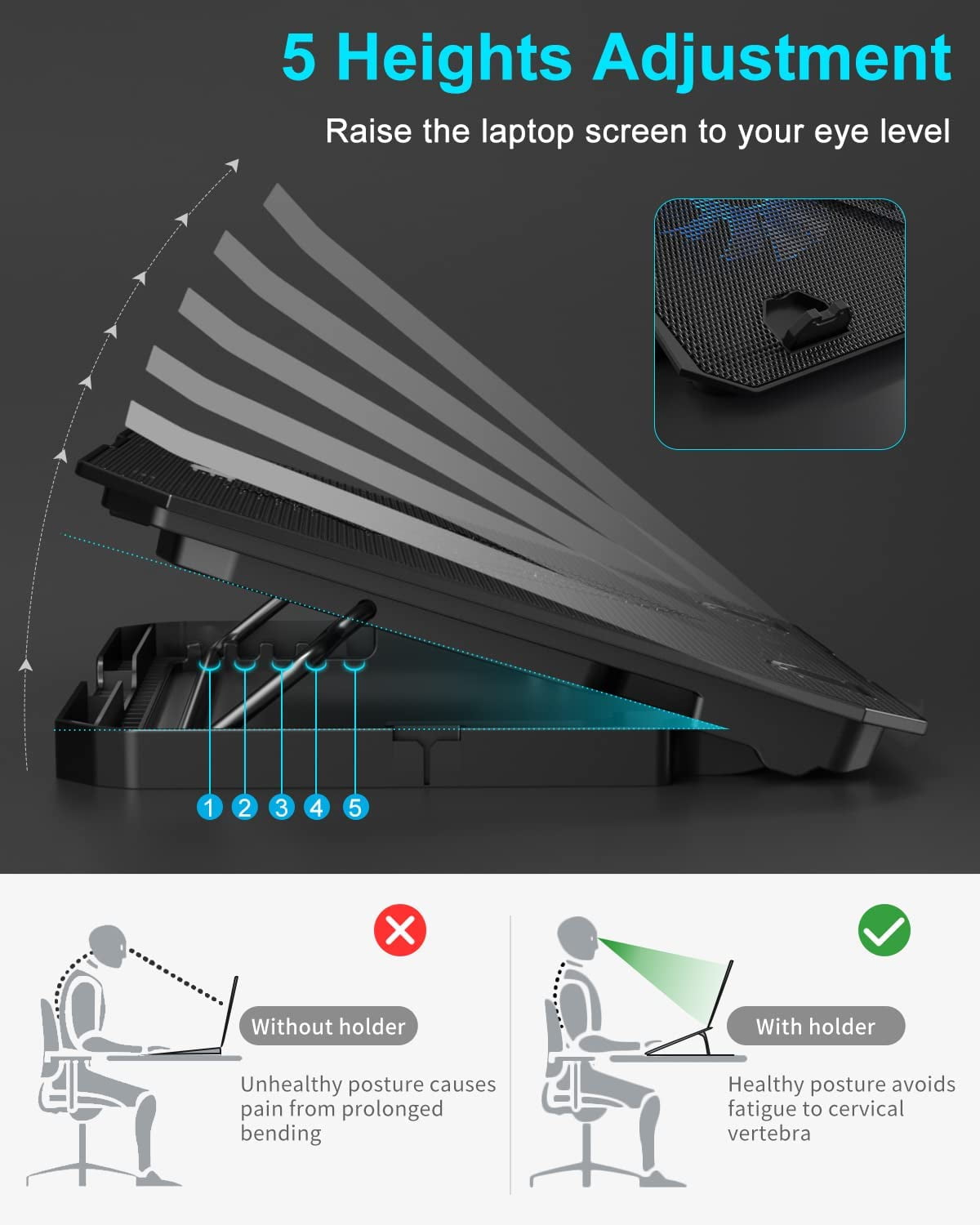 Laptop Cooling Pad, Gaming Cooler 2 Fans for 10-15.6 Inch Laptops, 5 Height Stands, USB Ports (S039)