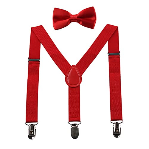 GUCHOL Child Kids Suspenders Bow Tie for Boys and Girls Adjustable Elastic Classic Accessory Sets Age 1 to 13 Year (Red, 33 INCH (6-13 Year))