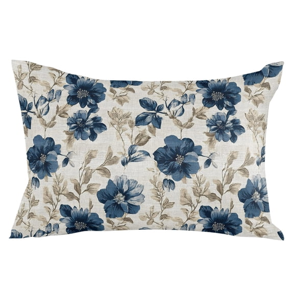 Navy Blue Beige Floral Throw Pillow Cover 16 x 24 Inch Decorative Pillow Cover Vintage Farmhouse Floral Leaves Lumbar Pillowcase Seasonal Rectangle Cushion Case for Couch Sofa Bed Living Room