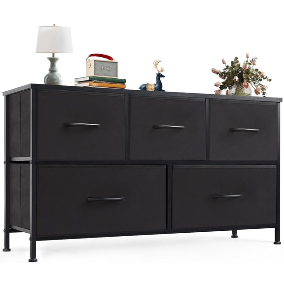EDX Chest of Drawers with Fabric Bins, Organizer Storage 5, Long Dresser with Wood Top for Bedroom, Closet, Entryway, Black